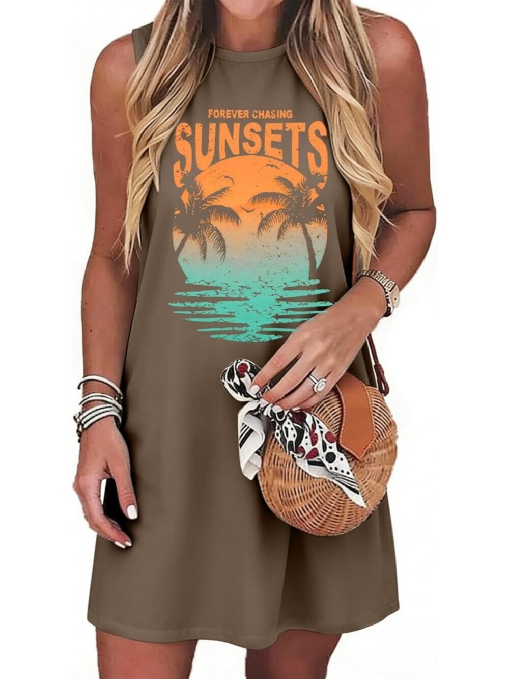 Women's Brown Stylish Sleeveless Beach Vacation Sundress Short Tank Mini Dress - Picture 1 of 6